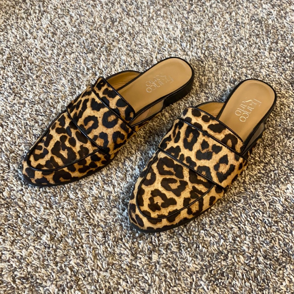 NWOT Franco Sarto Leopard Print Real Fur Mules